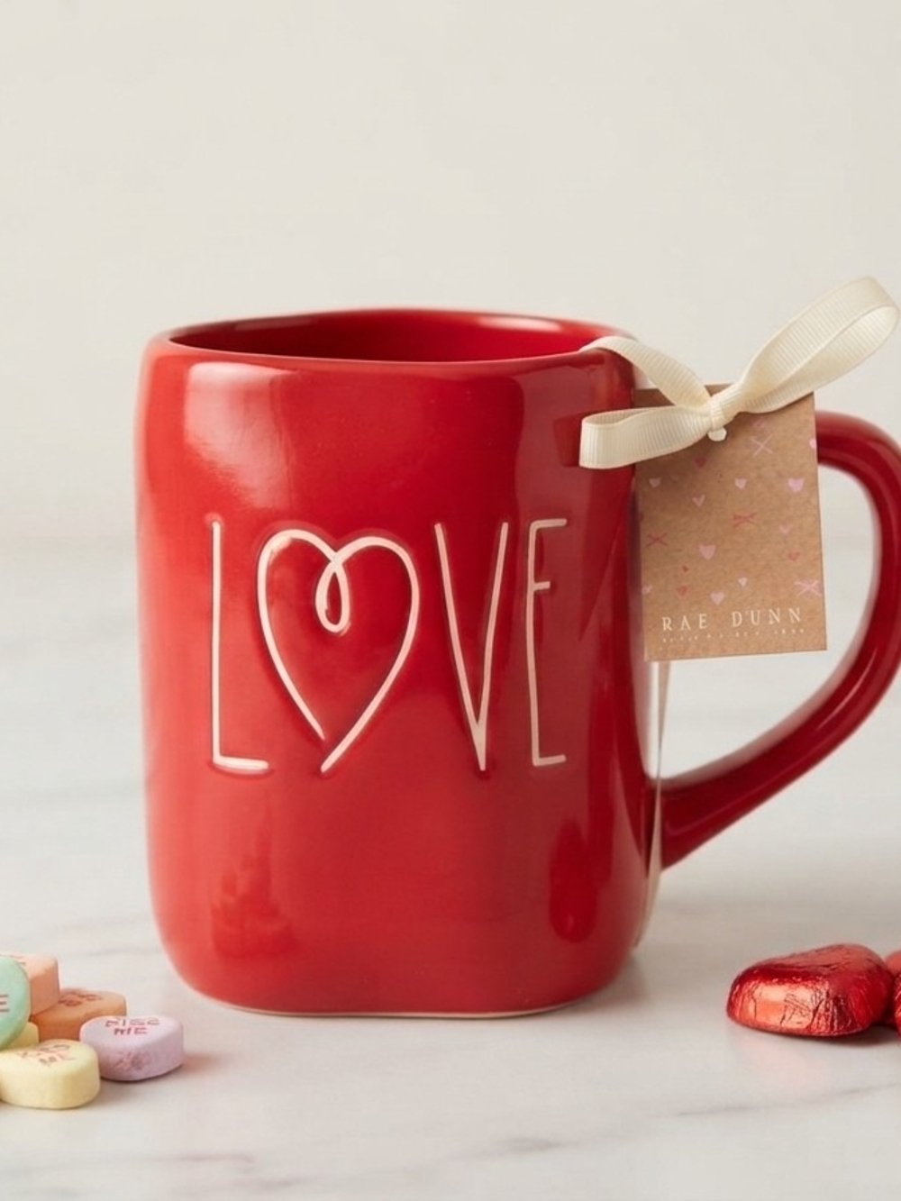 BNWT Rae Dunn "LOVE" Red Ceramic Mug with Heart Handle Raised Script Valentine